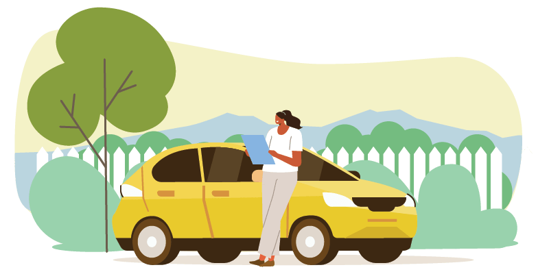 illustration of woman in front of yellow car